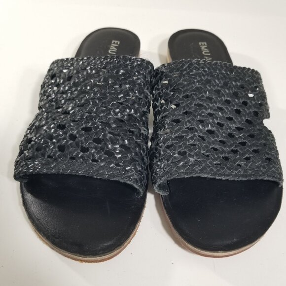 Emu Kadina Leather Slide Womens 8M US  Block Heel Cusioned Boho Chic Black Woven - Picture 2 of 8
